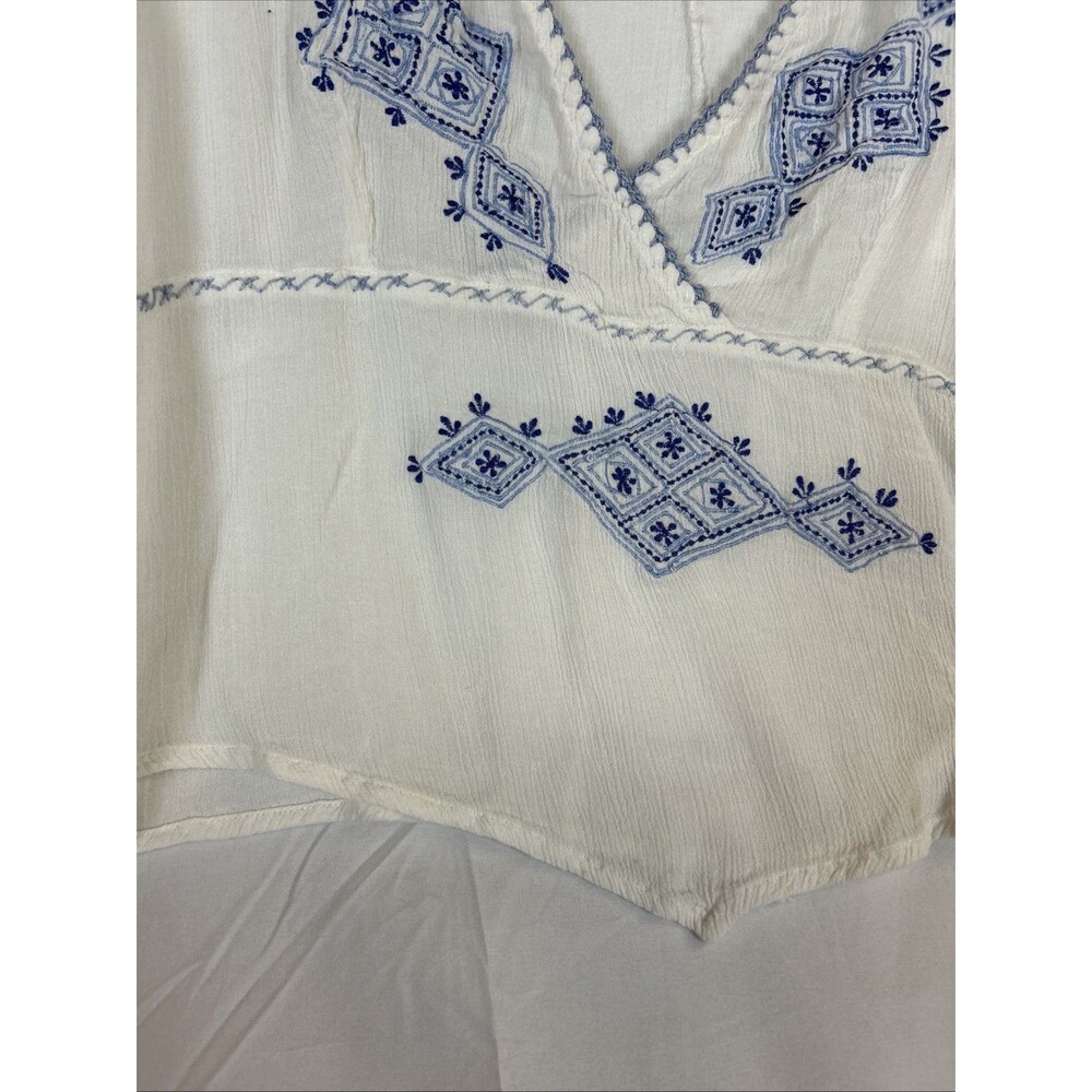 Passport Cream& Blue Tribal Ethnic Tunic TOP Sz L Passport Handkerchief Sleeves - Picture 2 of 13